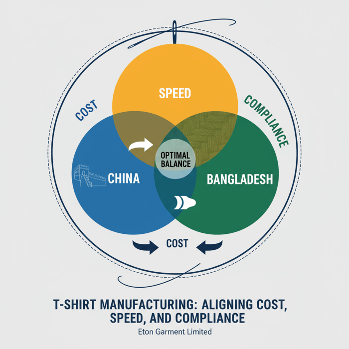 Diagram with Cost, Speed, Compliance as overlapping circles labeled China and Bangladesh for t-shirt manufacturing