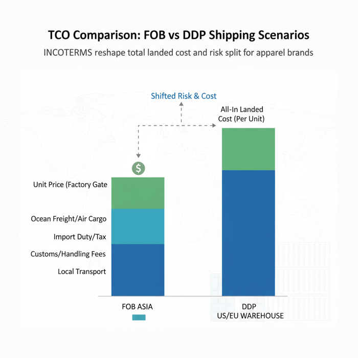Stacked bar comparison showing TCO shifts under FOB vs DDP scenarios