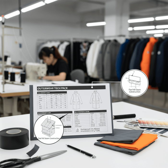 Stitching line with QA tags on garments and TOP sample on a table