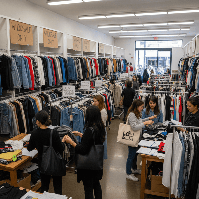 LA Fashion District storefronts with racks, signage, and buyers reviewing samples