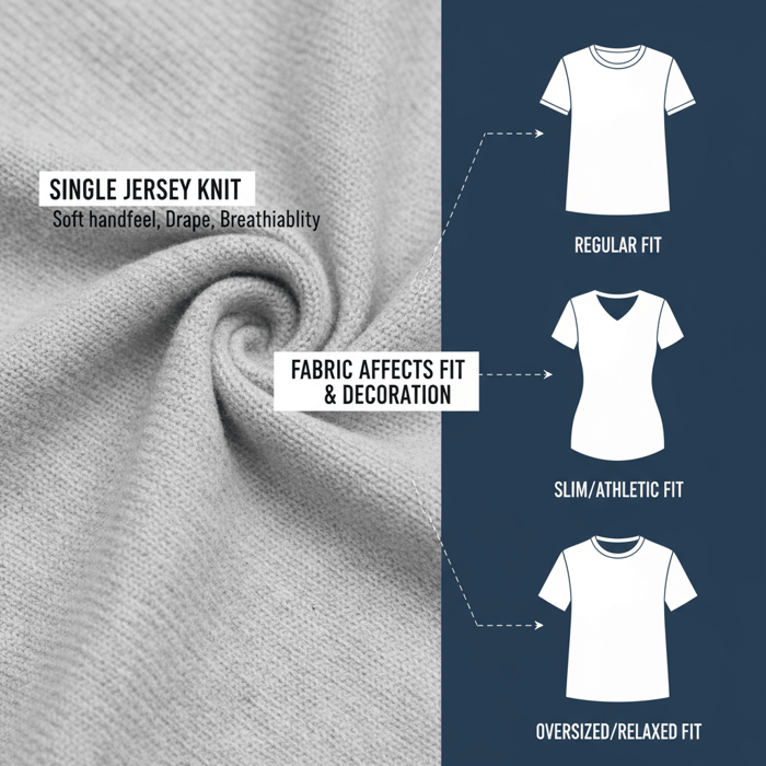 Macro close-up of single jersey knit and labeled tee silhouette variants