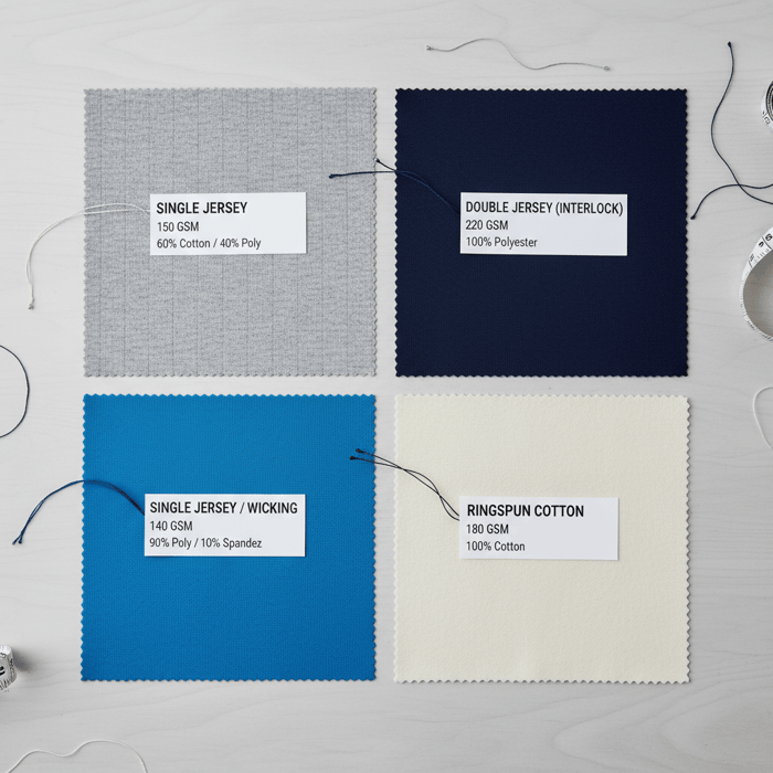 Close-up jersey knit swatches labeled single jersey vs double jersey with GSM callouts and fiber blends