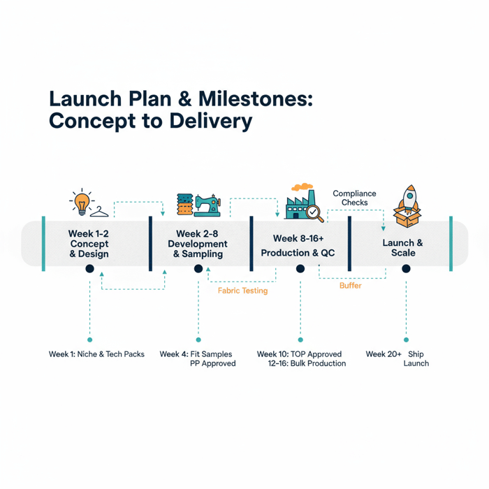 Timeline graphic from concept to delivery with buffers