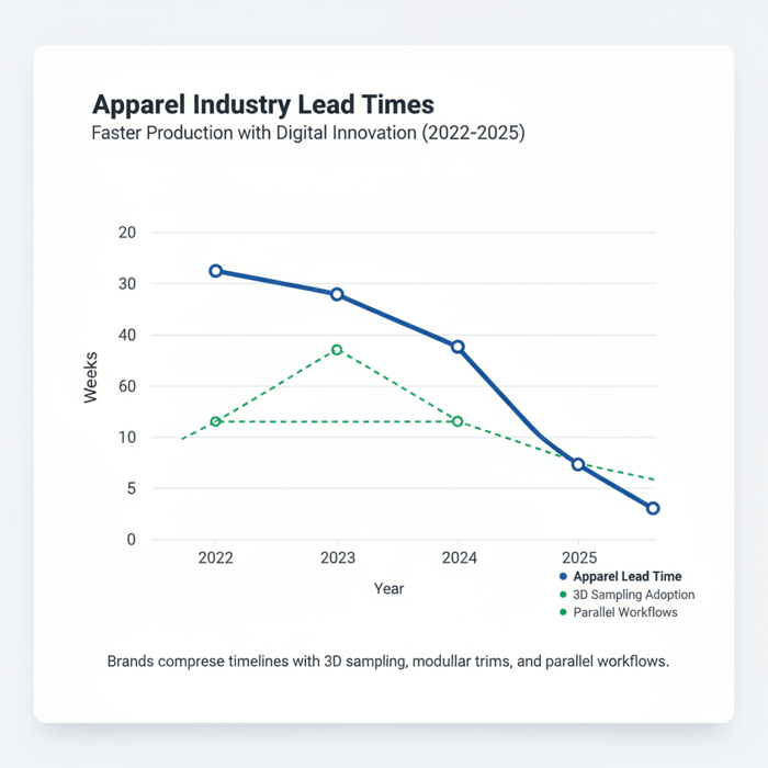 Line chart showing apparel lead-time trends 2022–2025 moving downward in weeks
