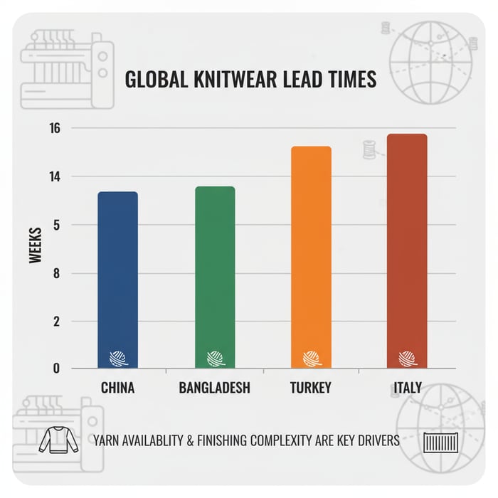 Bar chart indicating knitwear lead-time ranges across China, Bangladesh, Turkey, and Italy