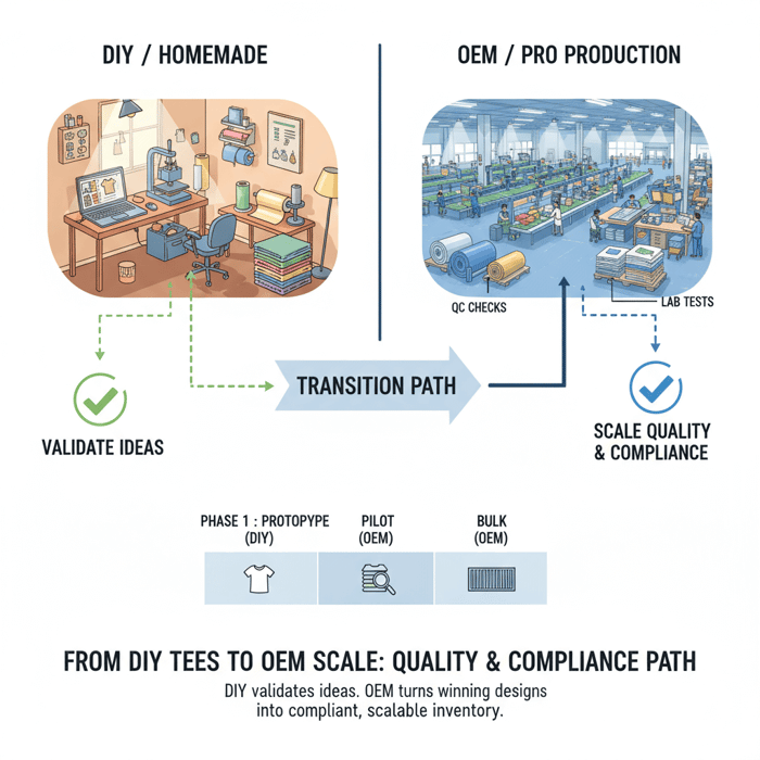 Trend line graphic showing lead time ranges for small, medium, and large tee orders in US/EU across DIY and OEM paths