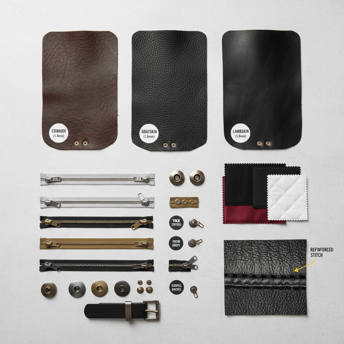 Leather swatches (cowhide, goat, lambskin) and hardware kit (zippers, snaps, buckles) arranged by thickness and finish