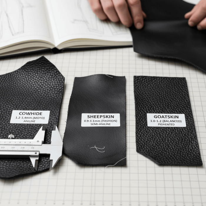 Macro swatches of cowhide, sheepskin, and goatskin labeled with thickness ranges and finish types