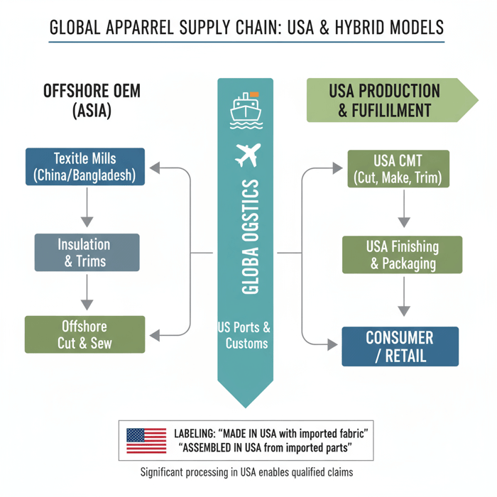 Diagram of apparel supply chain showing USA CMT with imported materials and offshore OEM steps