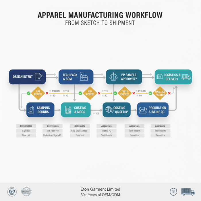 Flowchart of apparel manufacturing stages with approval gates