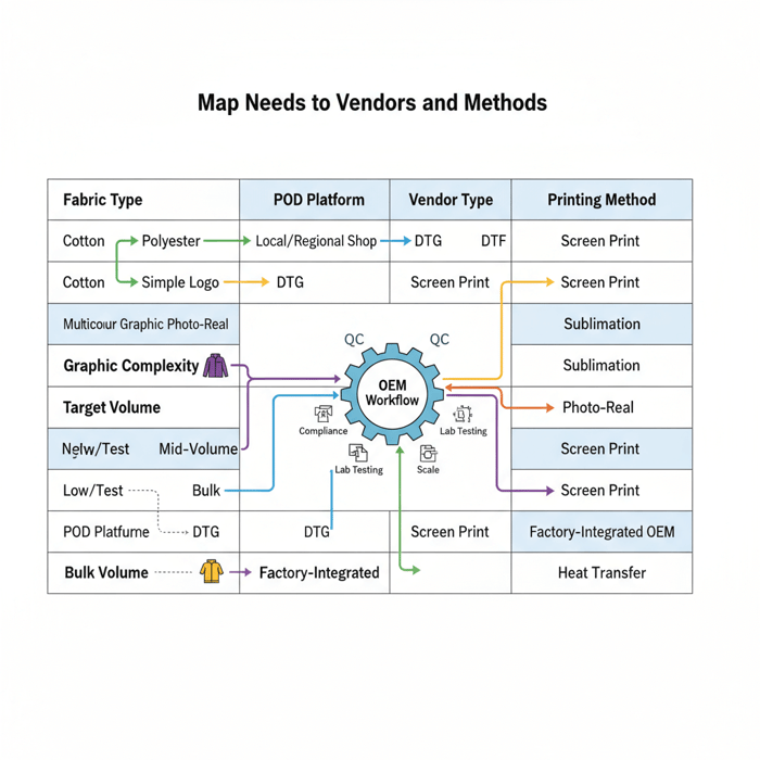 Matrix comparing vendor types and printing methods by fabric, graphic complexity, and volume