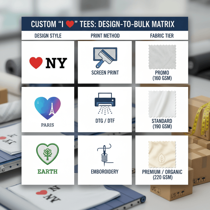 Infographic grid mapping 'I Love' design styles to print methods and fabric tiers