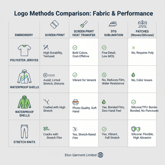 Infographic comparing embroidery, screen print, heat transfer, DTG, sublimation, and patches across cotton, polyester, waterproof shells, and stretch knits
