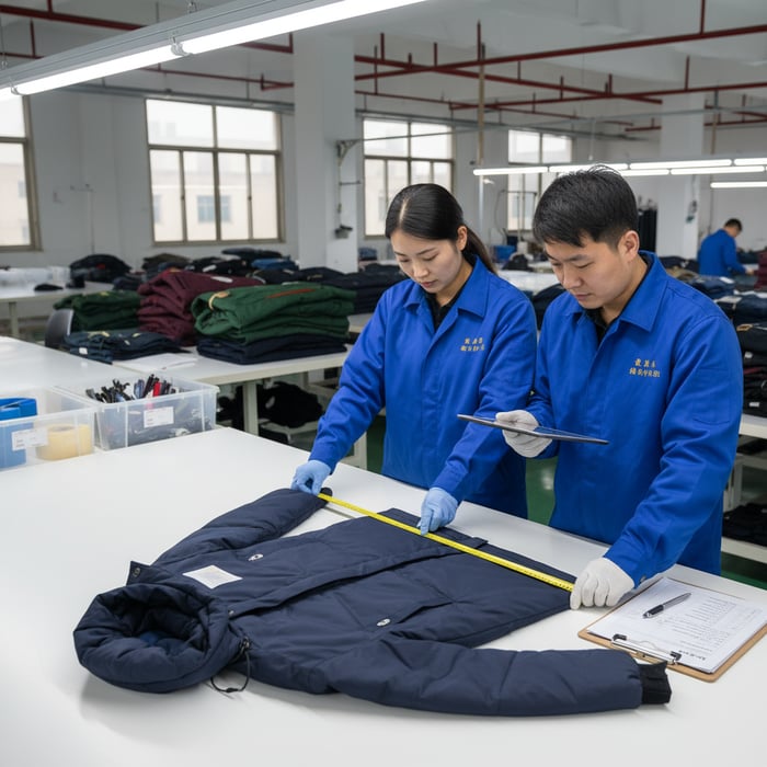 Final inspection of parkas with measurement tools and QA checklist