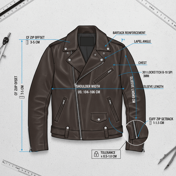 Annotated diagram of biker jacket measurements and tolerances: shoulders, chest, sleeve, hem, lapel angles, zip offset