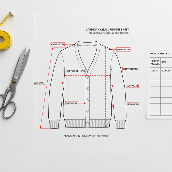 Cardigan spec sheet with measurement points: chest width, body length, sleeve length, cuff and hem widths, placket width