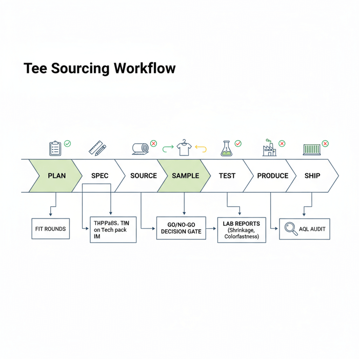 Flowchart of gated tee development from tech pack to shipment