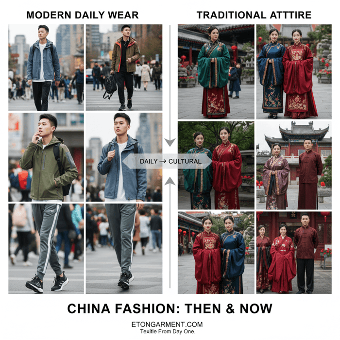 Composite image showing modern urban Chinese outfits next to Hanfu/Qipao silhouettes