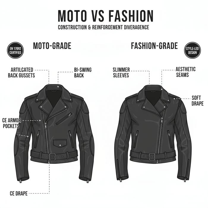 Side-by-side silhouettes of moto vs fashion leather jacket with callouts for seam position, gussets, and pad pockets