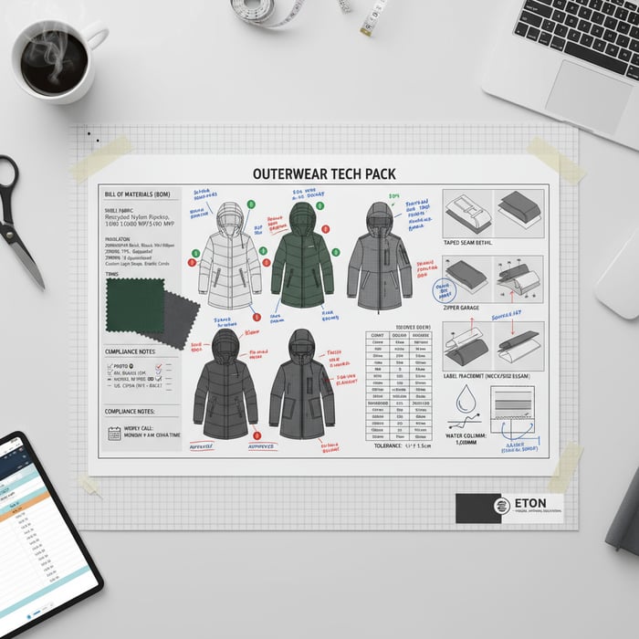 Annotated outerwear tech pack with measurements, BOM, tolerances, and construction views