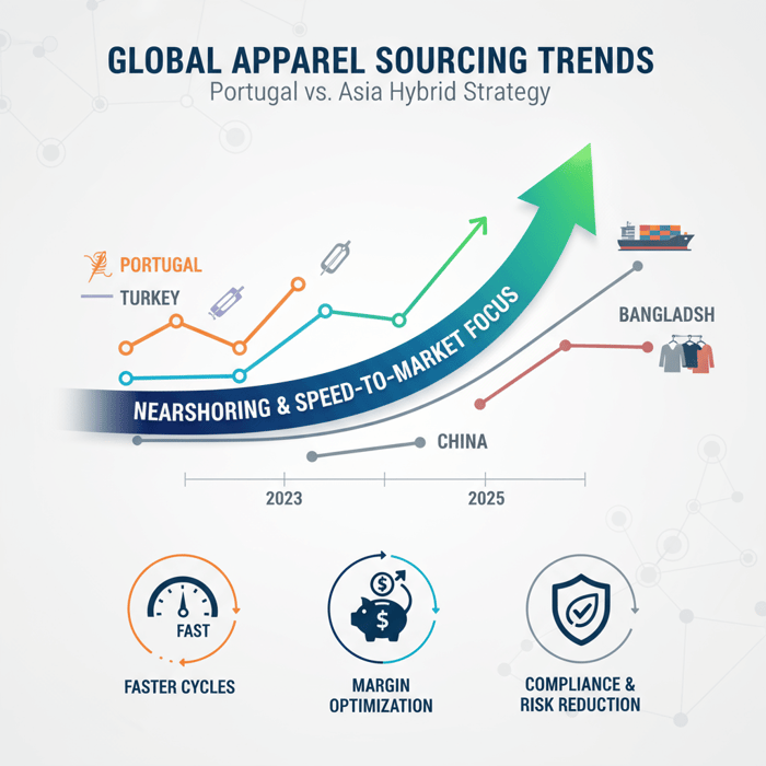 Trend line showing nearshoring momentum and speed-to-market focus from 2023 to 2025