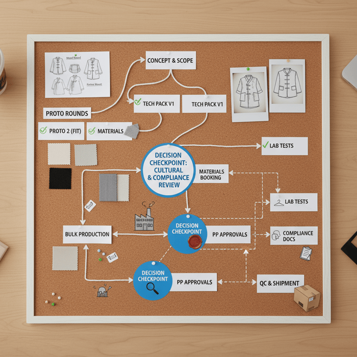 Flowchart of OEM/ODM steps from concept to QC and shipment with decision checkpoints