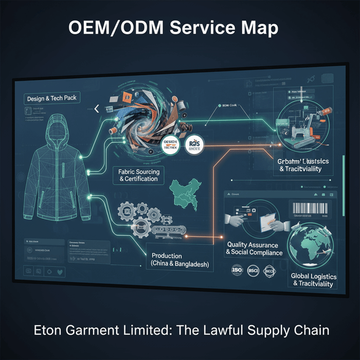 OEM/ODM service map showing design, fabric sourcing, production, QA, and logistics across China and Bangladesh.