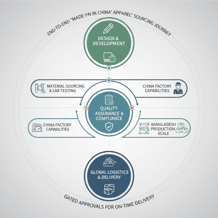OEM/ODM workflow diagram connecting design, testing, and production for technical outerwear