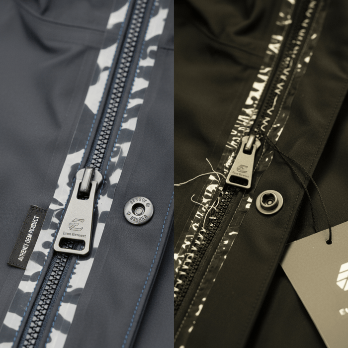Close-up of OEM outerwear construction: clean seam sealing, consistent stitching, branded hardware—detailing that replica clothes commonly miss.