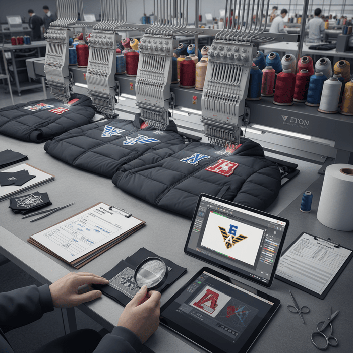 Workflow diagram showing brief, digitizing, sampling, PP approval, bulk, and QA checkpoints