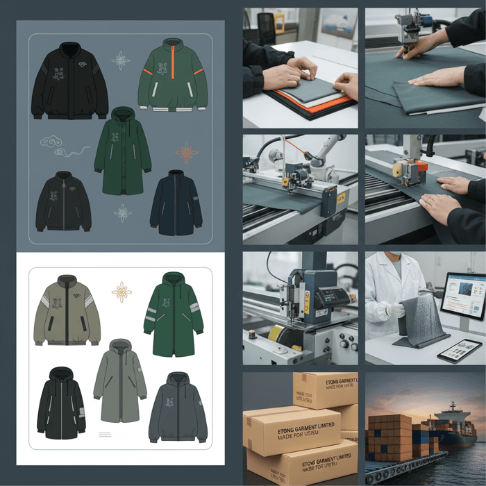 OEM workflow stages: design, sourcing, sampling, QA, and delivery