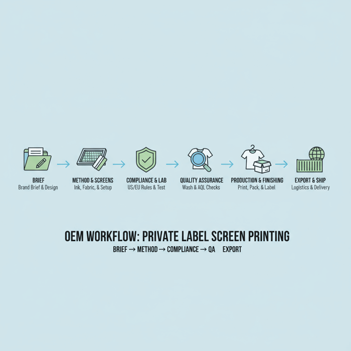 Diagram of OEM flow for private label screen printing from brief to export
