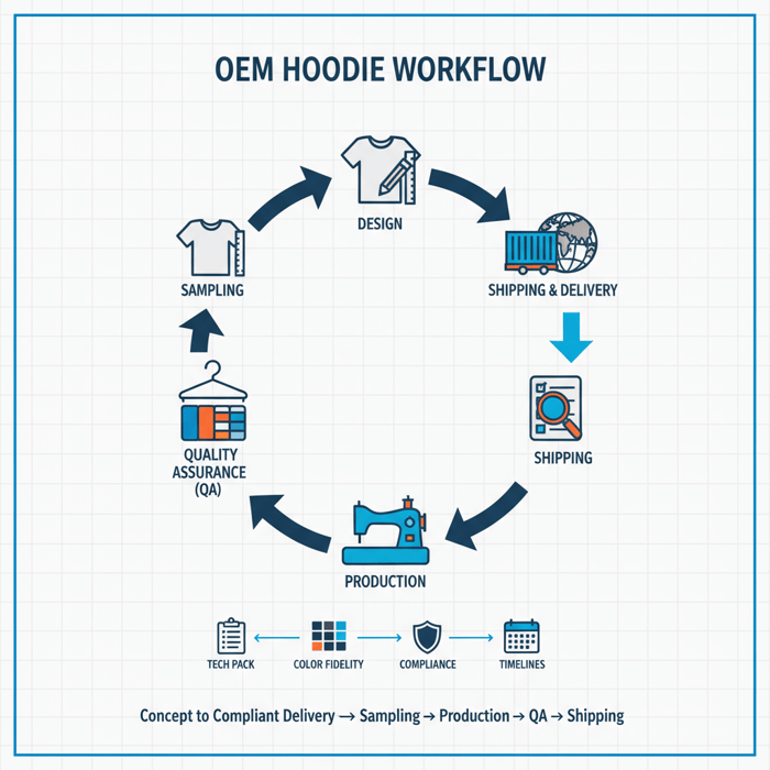 Diagram of OEM hoodie workflow from design to sampling, production, QA, and shipping