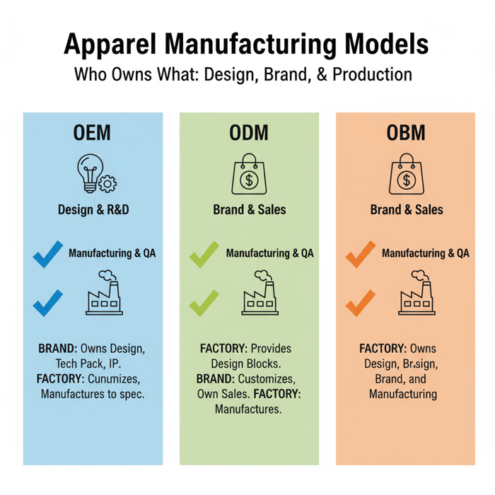 Process swimlane showing brand, factory merchandising, QA, and lab testing across OEM gates from sourcing to shipment