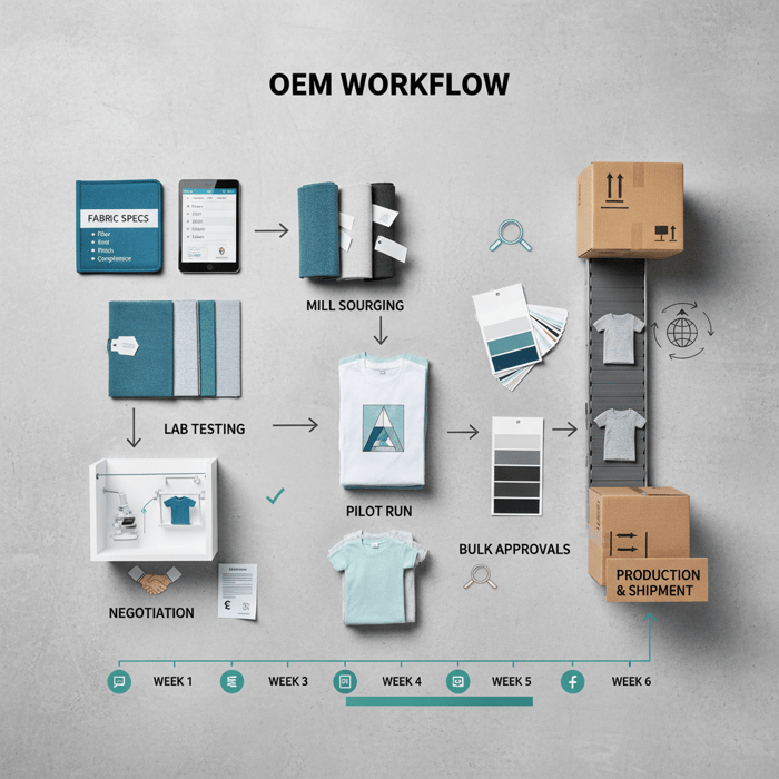OEM workflow: fabric specification, mill sourcing, testing, approvals, production
