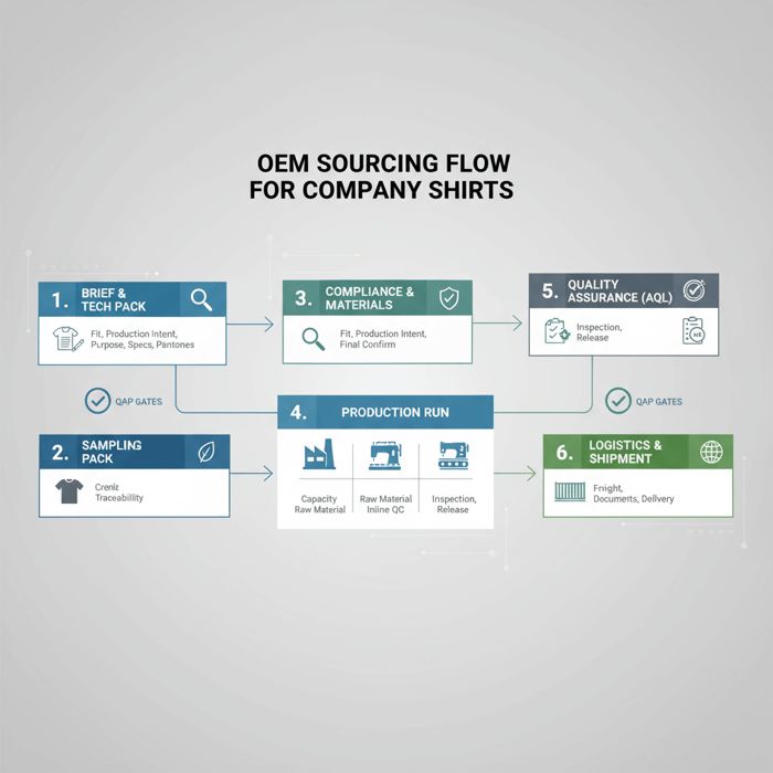 Flowchart showing OEM sourcing steps for company shirts from brief to shipment with QA gates