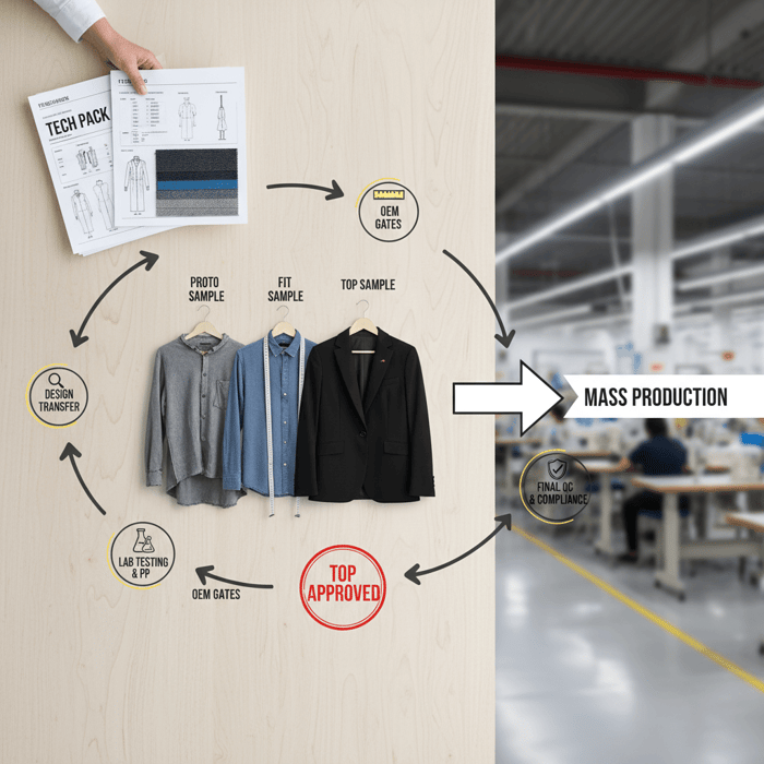 Workflow from tech pack to TOP to mass production highlighting OEM gates