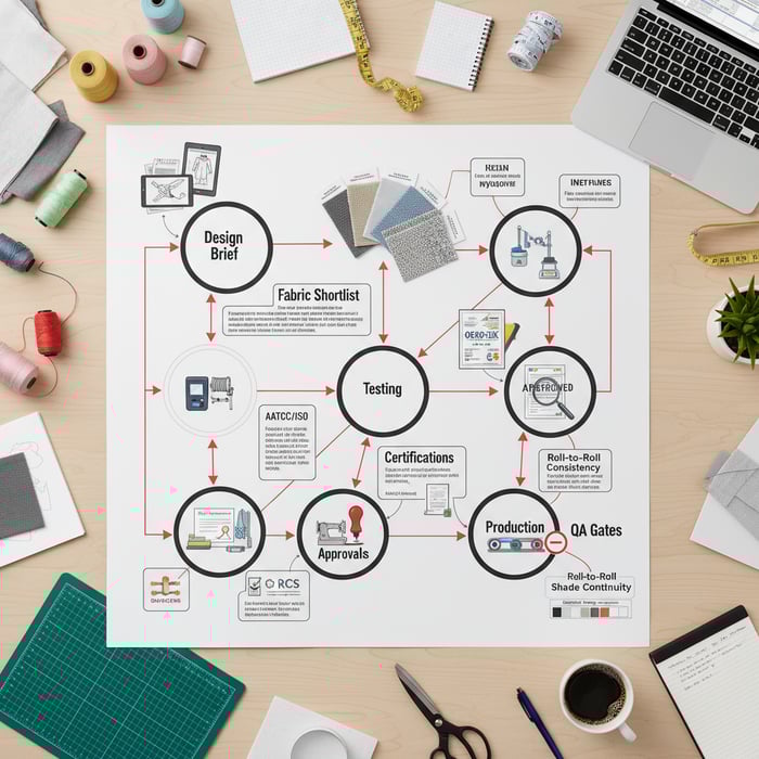 Annotated OEM workflow showing design brief, fabric shortlist, testing, certifications, approvals, production, and QA gates