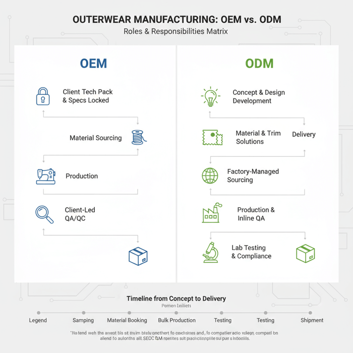 OEM vs ODM matrix highlighting responsibilities across design, sourcing, testing, and production