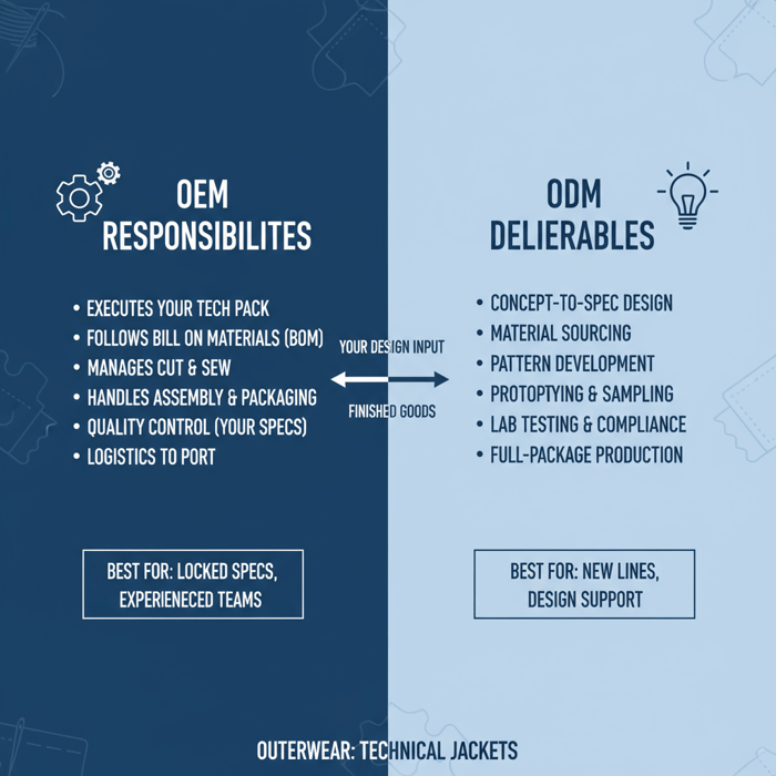 Infographic comparing OEM responsibilities and ODM deliverables for technical jackets