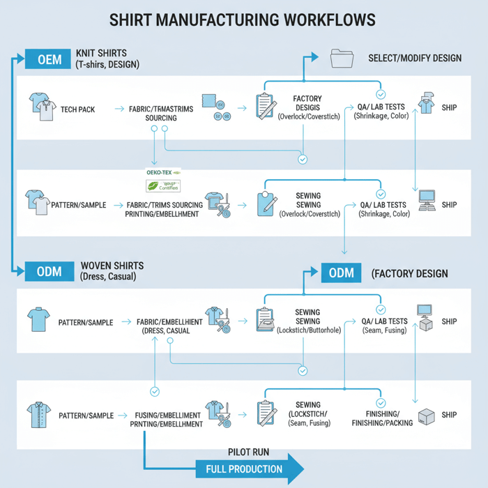 Process flowchart showing OEM vs ODM workflows for knit and woven shirts