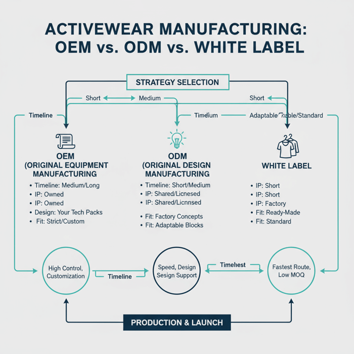 Flowchart showing OEM, ODM, and white label branches with criteria like timeline, IP, and fit standards