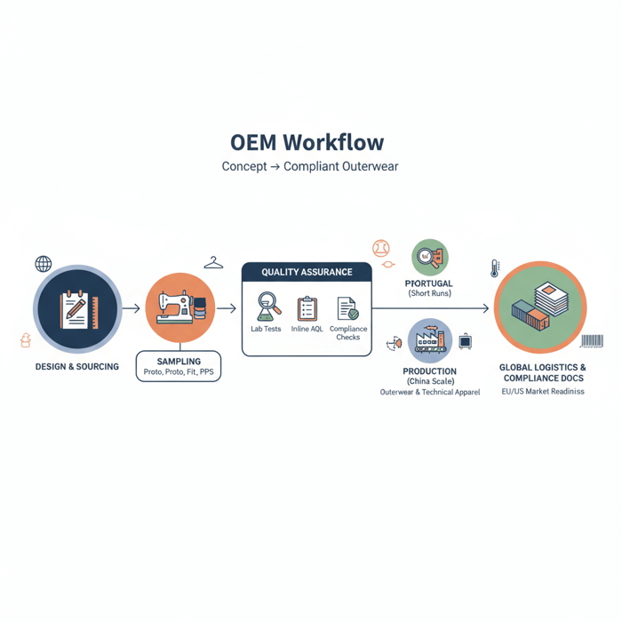 Workflow diagram from design and sourcing to sampling, QA, production, and compliance docs