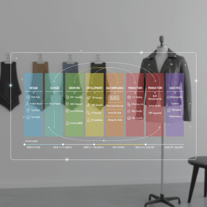 OEM workflow dashboard mapping brand inputs to outputs across design, sourcing, development, QA, compliance, and logistics