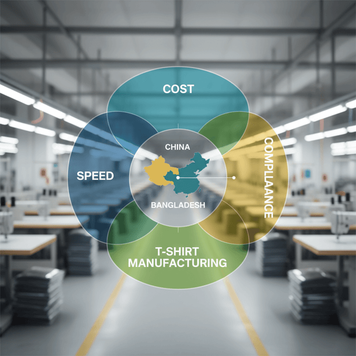 Workflow map showing OEM steps across China and Bangladesh with QA checkpoints