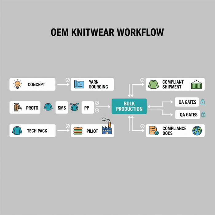 Workflow diagram of OEM steps from concept and tech pack to compliant shipments