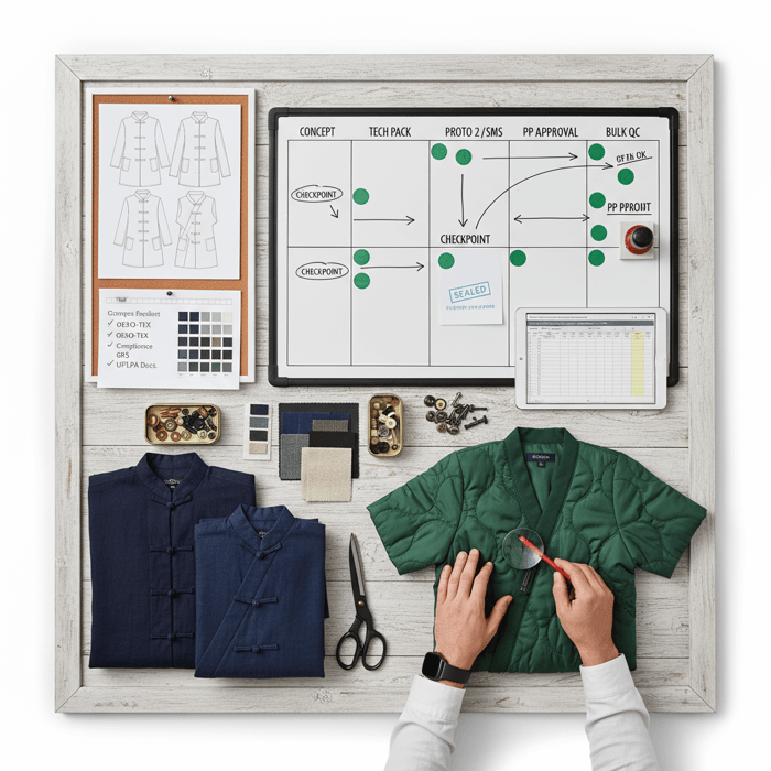 OEM workflow board with tech packs, samples, approvals, and QC touchpoints for menswear