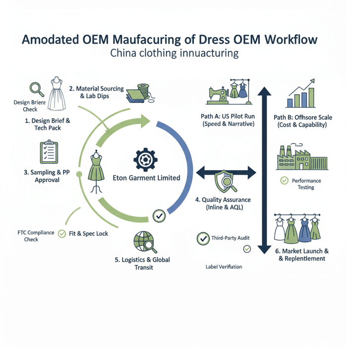 Annotated OEM workflow from design brief to bulk production and QA gates for dress manufacturing