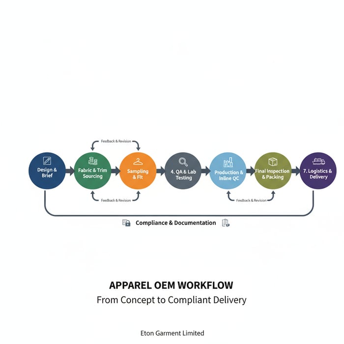 Diagram of OEM workflow connecting design, fabric sourcing, sampling, QA, and logistics