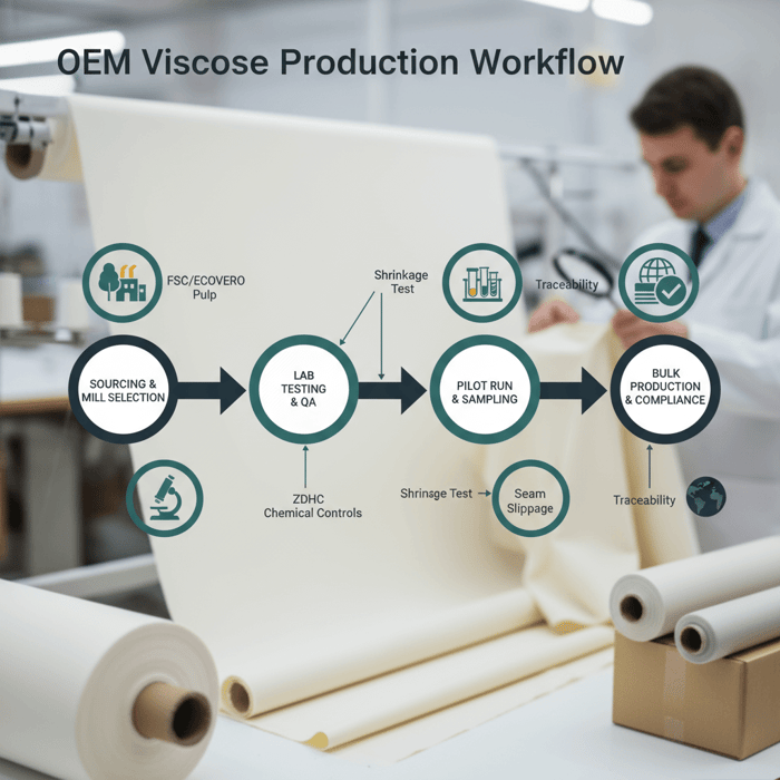 OEM workflow diagram aligning viscose sourcing, testing, and production gates